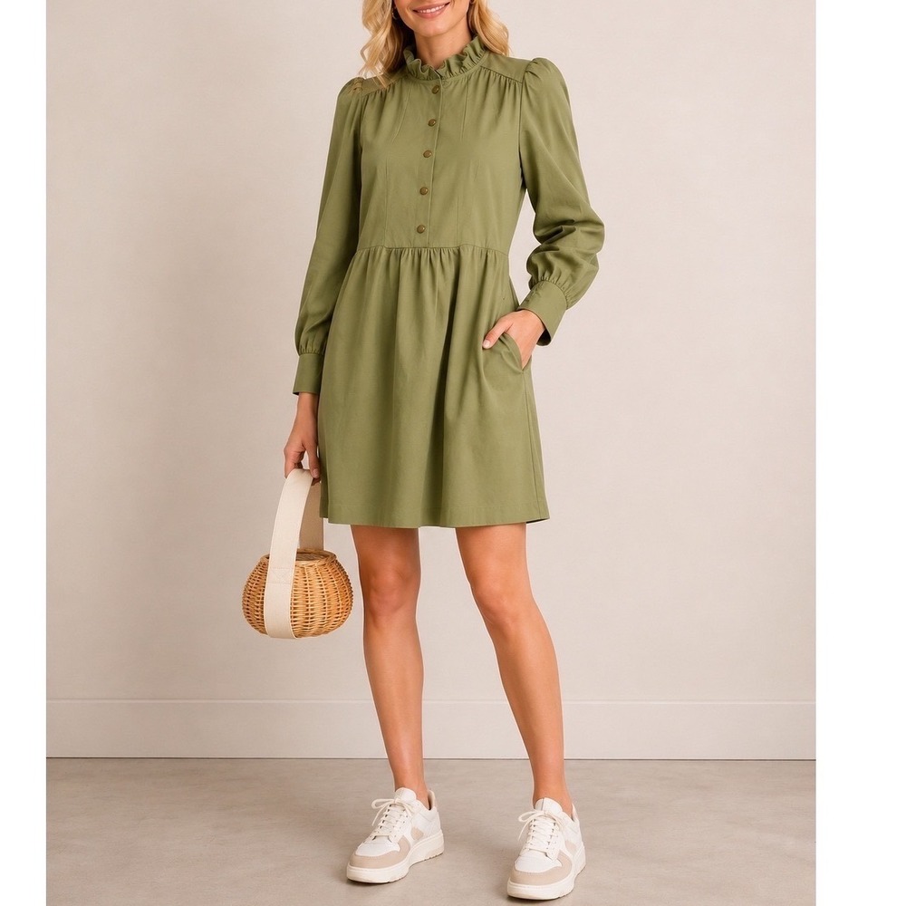 Tuckernuck Pomander Place Olive Green Ruffle Neck Button Front Mini Dress Size S